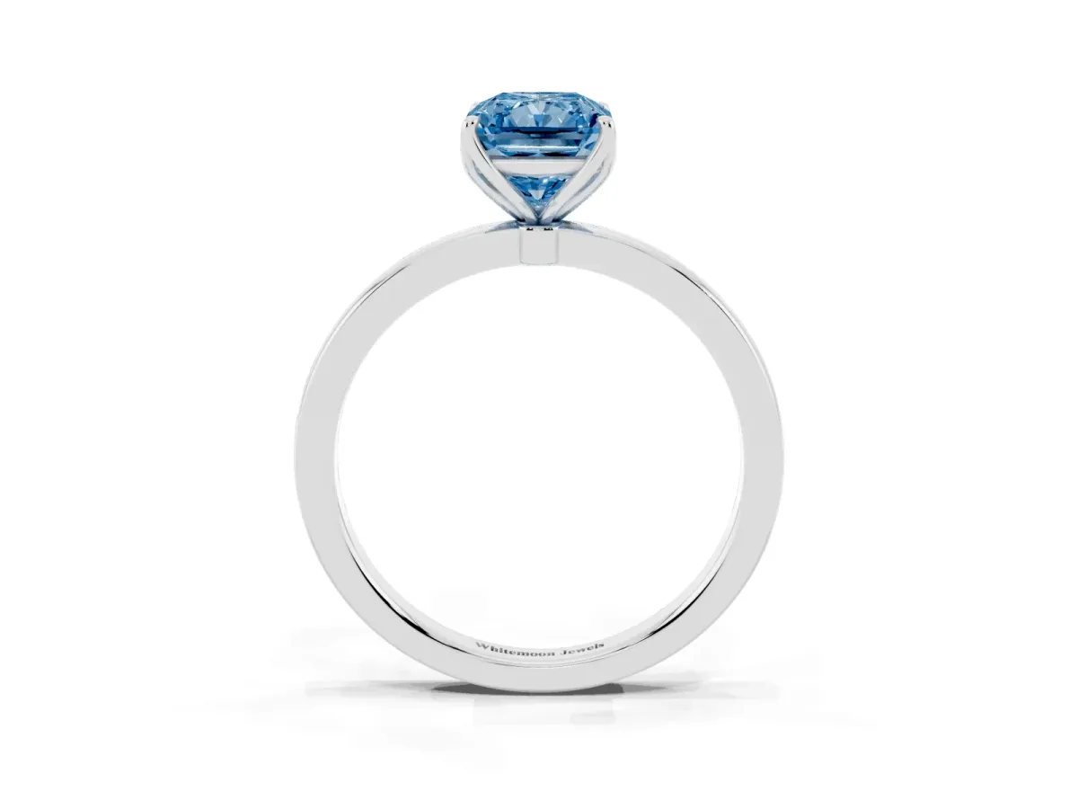 Fancy Blue Radiant Cut Diamond Solitaire Ring with Thin Band and Prong Setting White gold