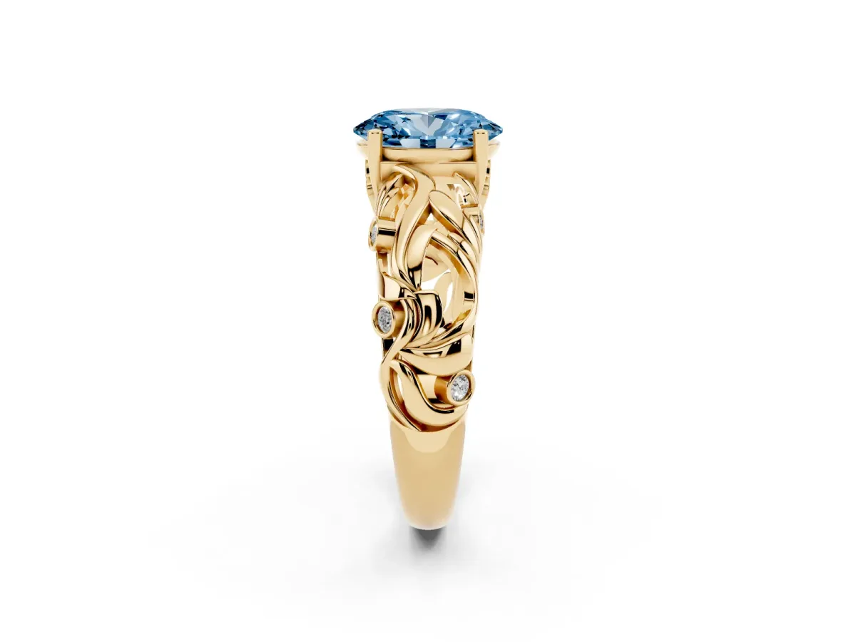 Fancy Blue Oval Cut Solitaire Diamond Leaf-Inspired Vine Band Ring with Prong Setting Yellow gold