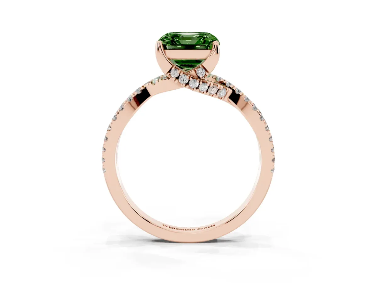 Fancy Green Asscher Cut Solitaire Twist Pave Diamond Engagement Ring with Prong Setting Rose gold