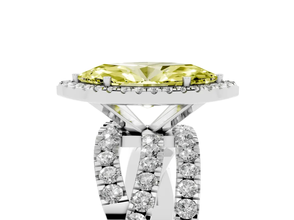 Fancy Yellow Marquise Cut Diamond Halo Ring with Round Split Shank and Prong Setting Silver
