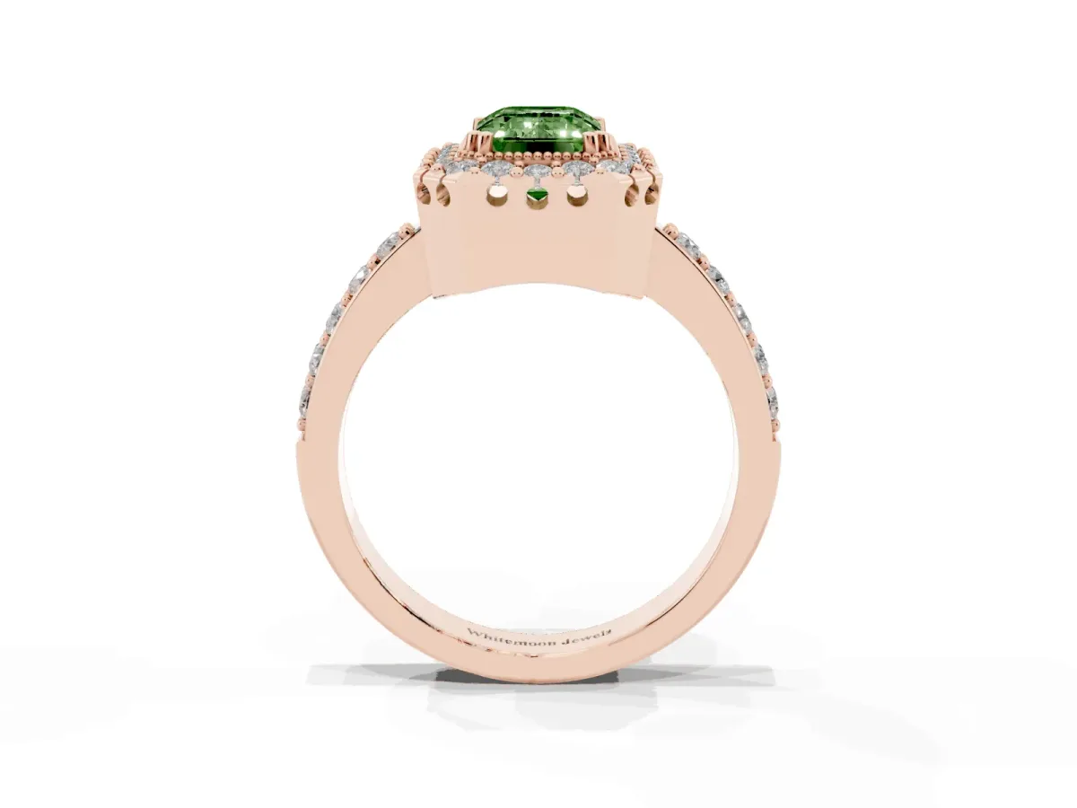 Fancy Green Emerald Cut Diamond Halo Ring with Pavé Band and Prong Setting Rose gold