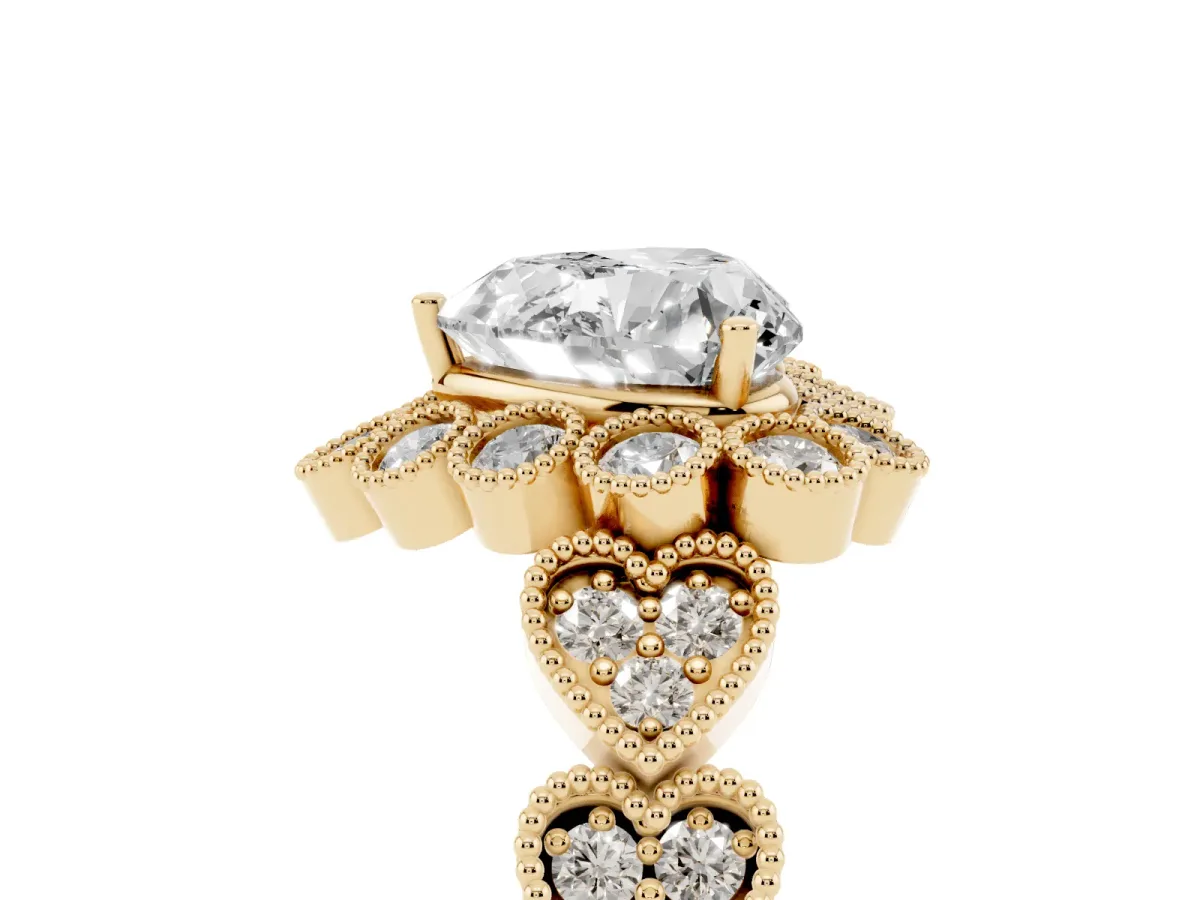 Heart Cut Brilliant Milgrain Pave Heart Band Solitaire Ring Yellow gold