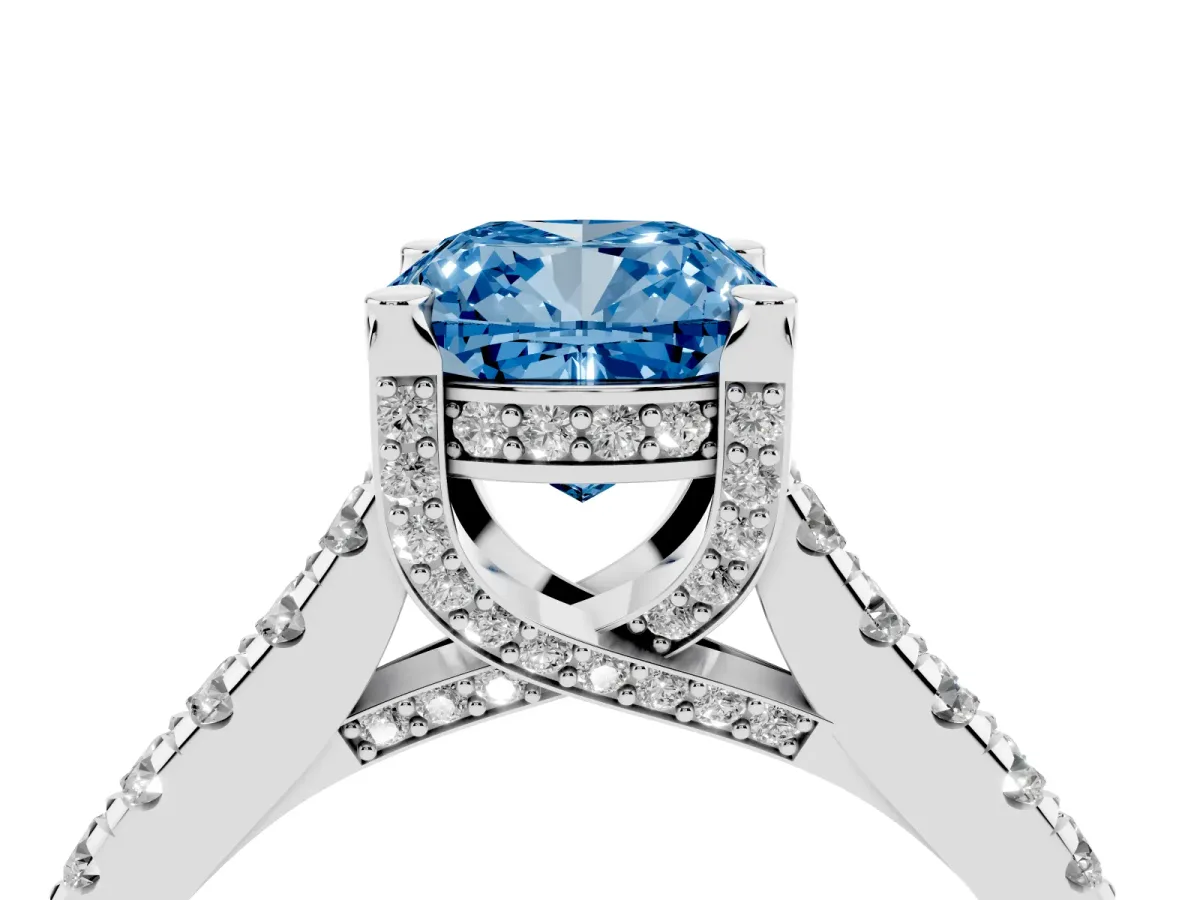 Fancy Blue Cushion Cut Brilliant Diamond Solitaire with Pavé Band and Four-Prong Setting Platinum