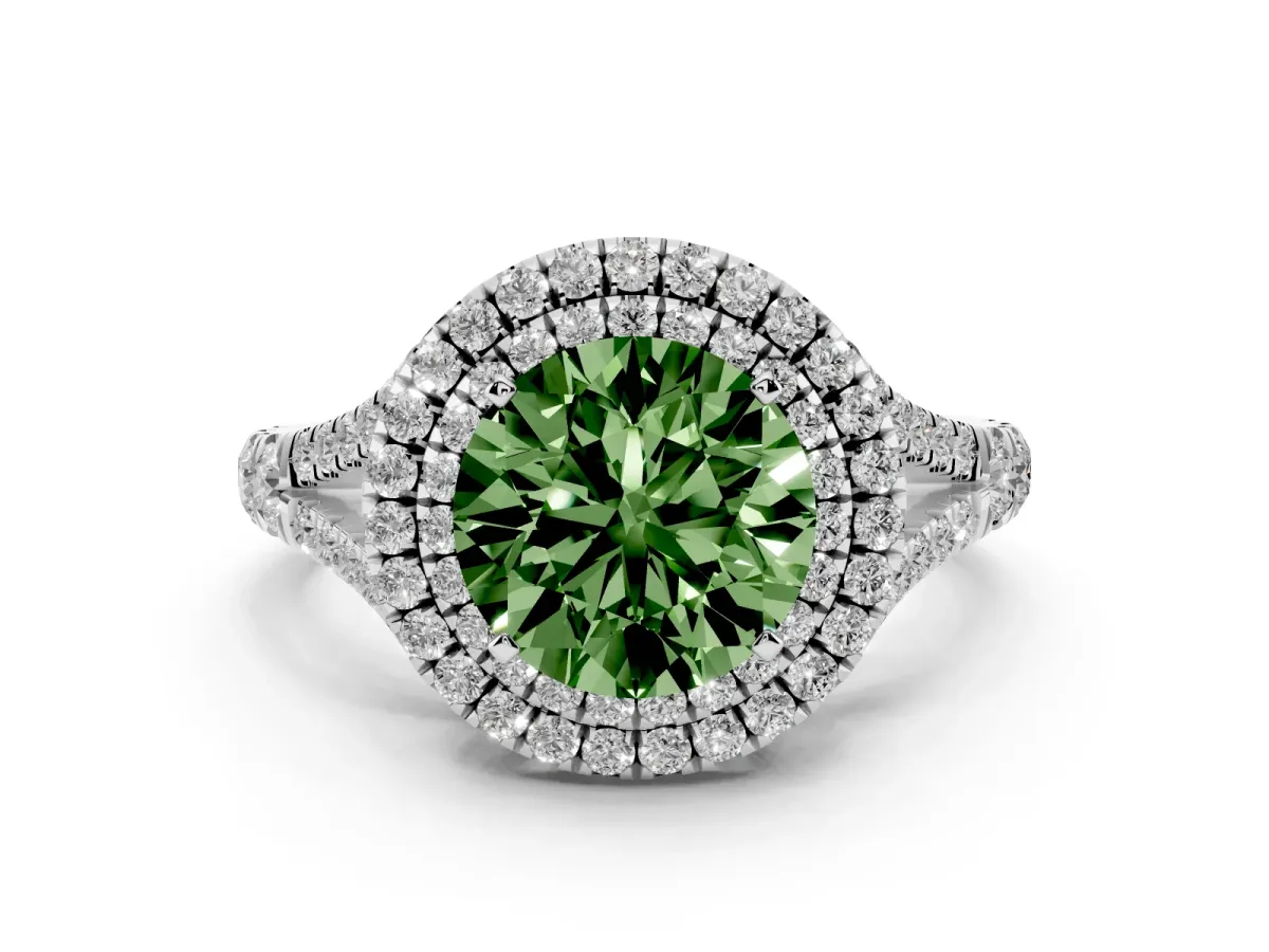 Fancy Green Round Cut Diamond Pavé Split Shank Double Halo Engagement Ring Platinum