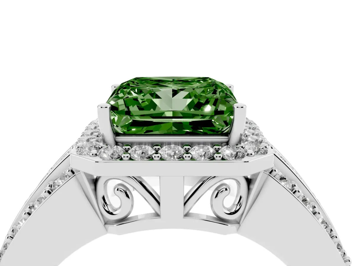 Fancy Green Princess Cut Halo Diamond Ring with Round Split Shank and Prong Setting Silver