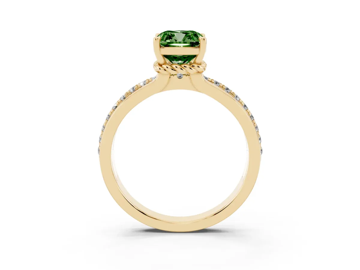 Fancy Green Cushion Cut Solitaire Diamond Ring with Channel Set Band and Six-Prong Setting Yellow gold