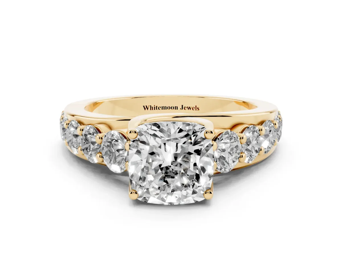 Cushion Cut Diamond Engagement Ring with Pavé Band and Four-Prong Setting Yellow gold