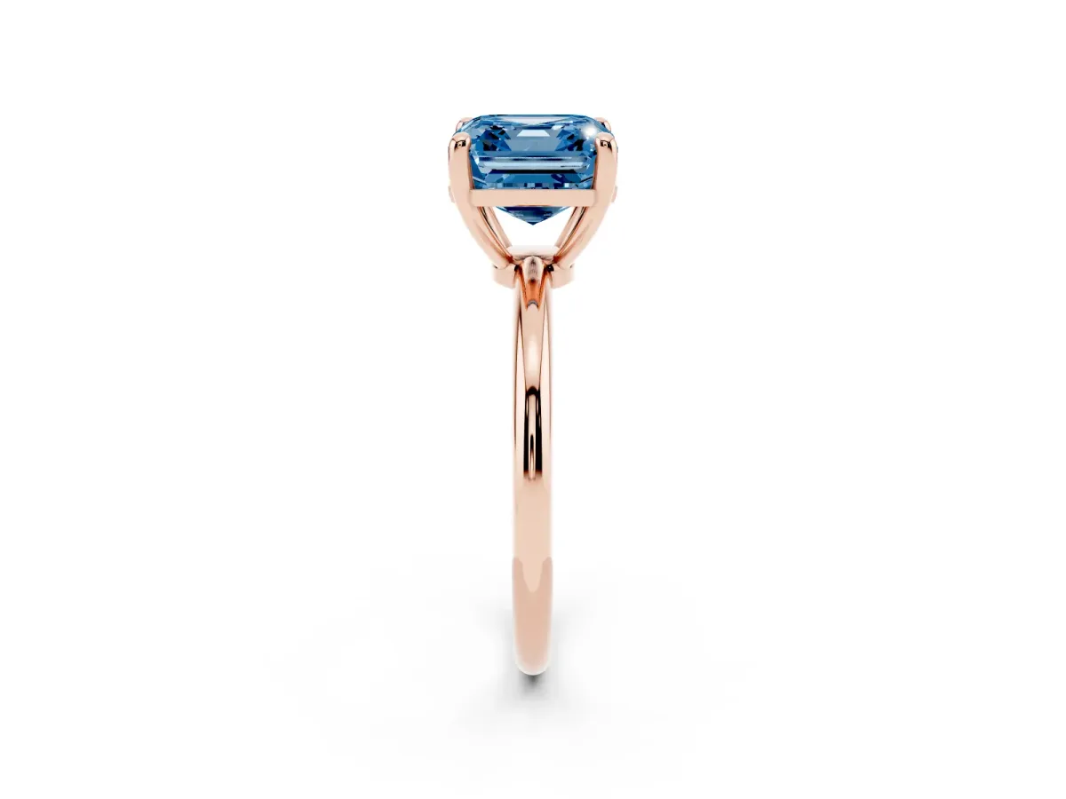 Fancy Blue Asscher Cut Solitaire Diamond Ring with 4-Prong Setting on a Classic Band Rose gold