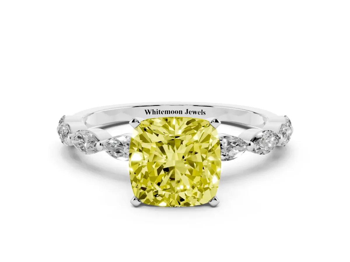 Fancy Yellow Cushion Cut Diamond Ring with Marquise Side Stones and Prong Setting Platinum