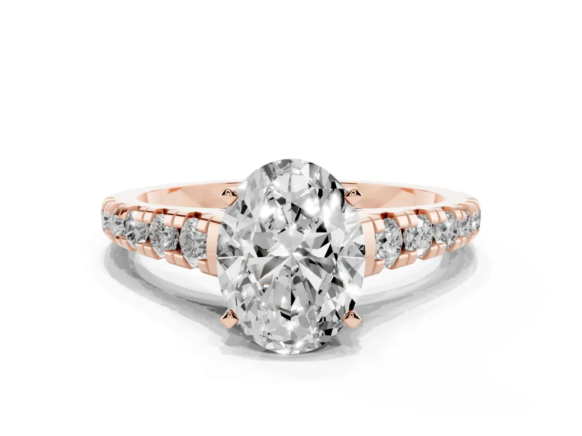 Oval Cut Diamond Cathedral Solitaire Ring with Round Pavé Band Rose gold