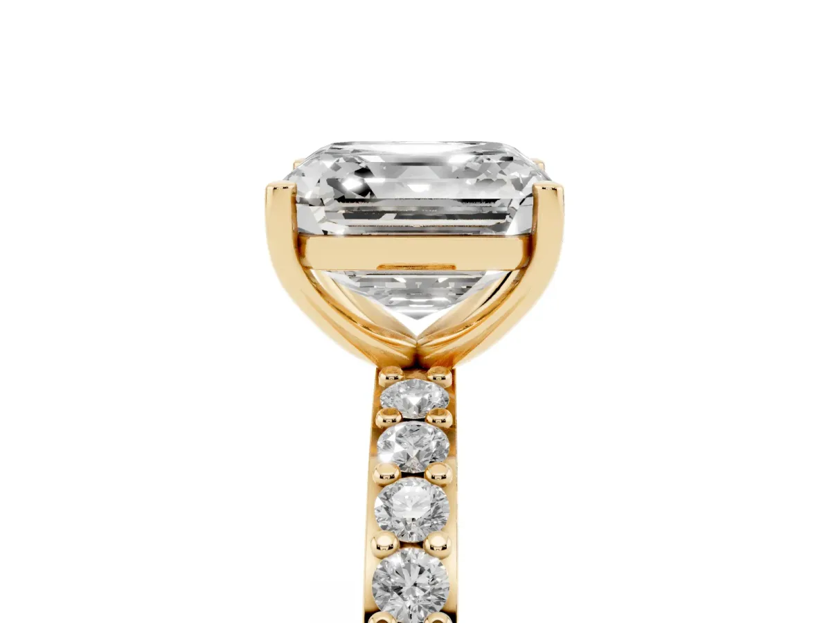Asscher Cut Cut Diamond Solitaire with Pave Band and Four-Prong Setting Yellow gold