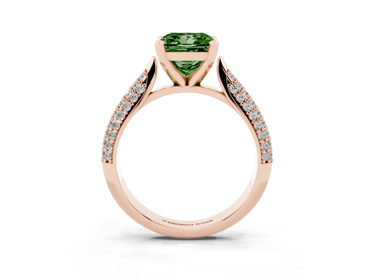 Fancy Green Princess Cut Diamond Solitaire Engagement Ring with Multi-Row Round Pavé Band and Prong Setting Rose gold