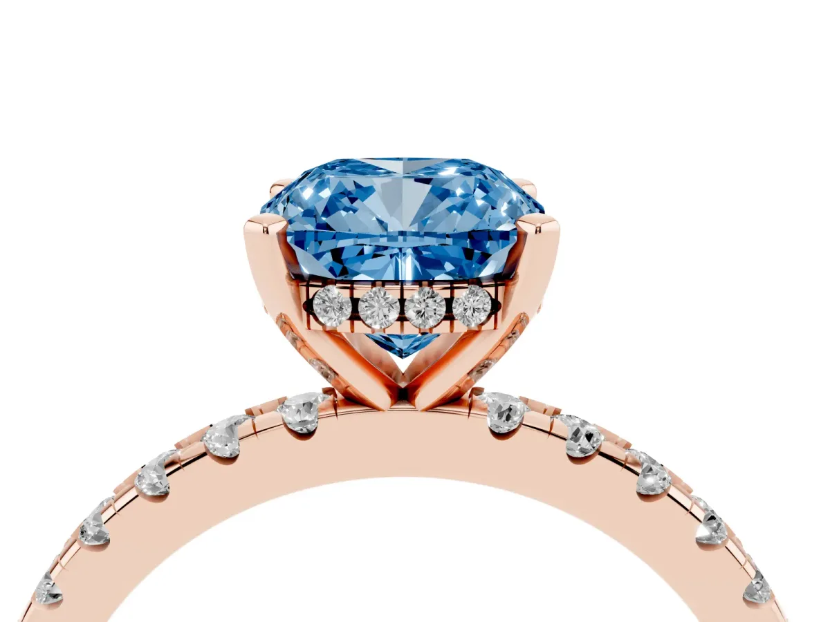 Fancy Blue Cushion Cut Diamond Solitaire Ring with Round Pavé Band and Four-Prong Setting Rose gold