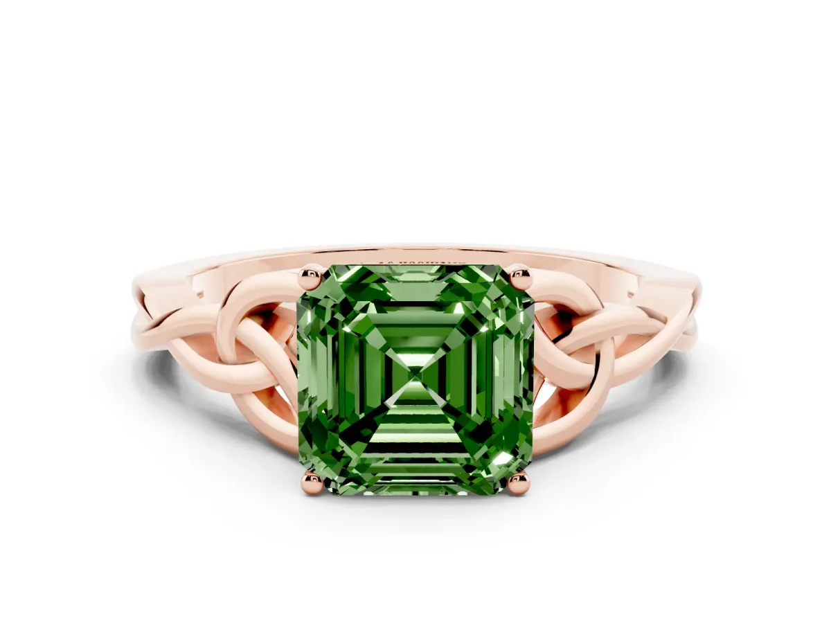 Fancy Green Asscher Cut Diamond Solitaire Engagement Ring with Celtic Knot Band and Four-Prong Setting Rose gold