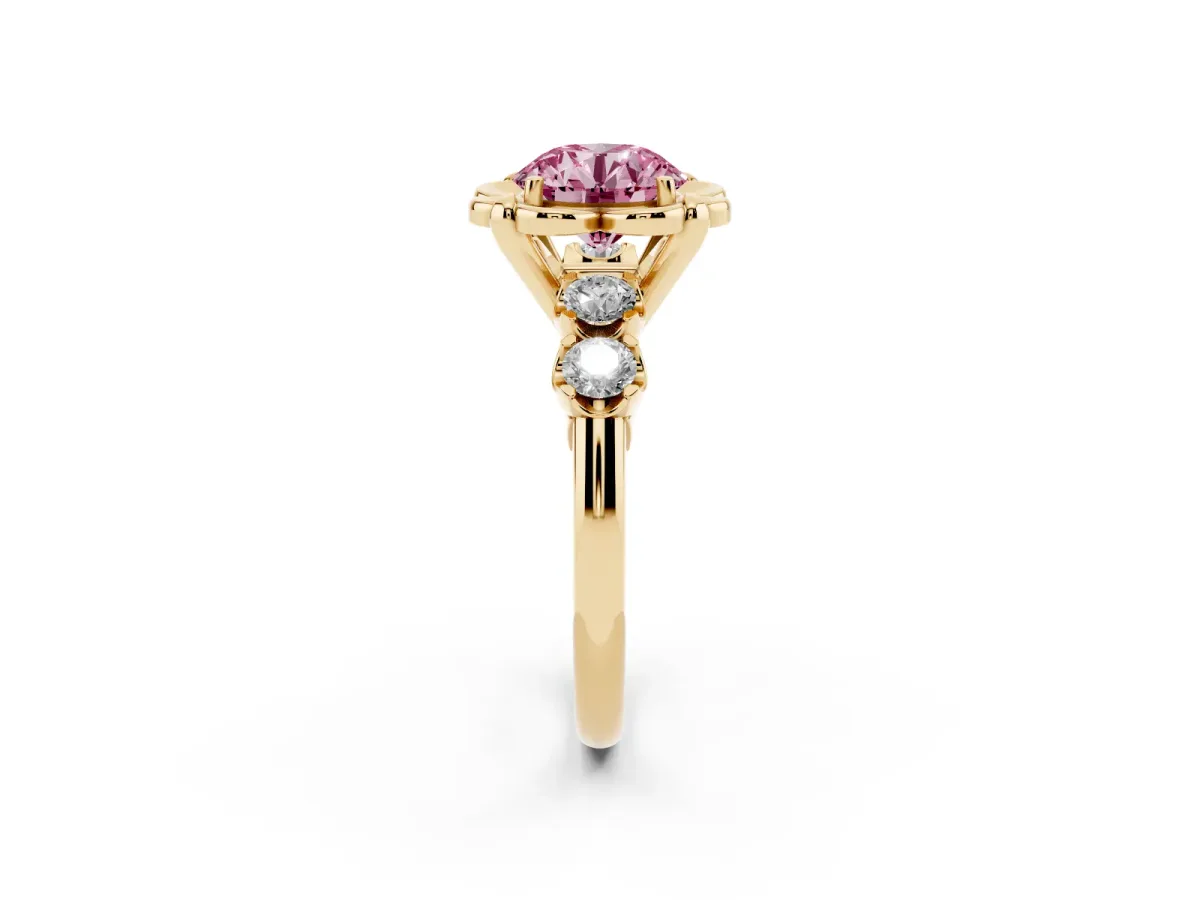 Fancy Pink Round Cut Cut Diamond Floral Halo Engagement Ring with Shared Prong Setting Yellow gold