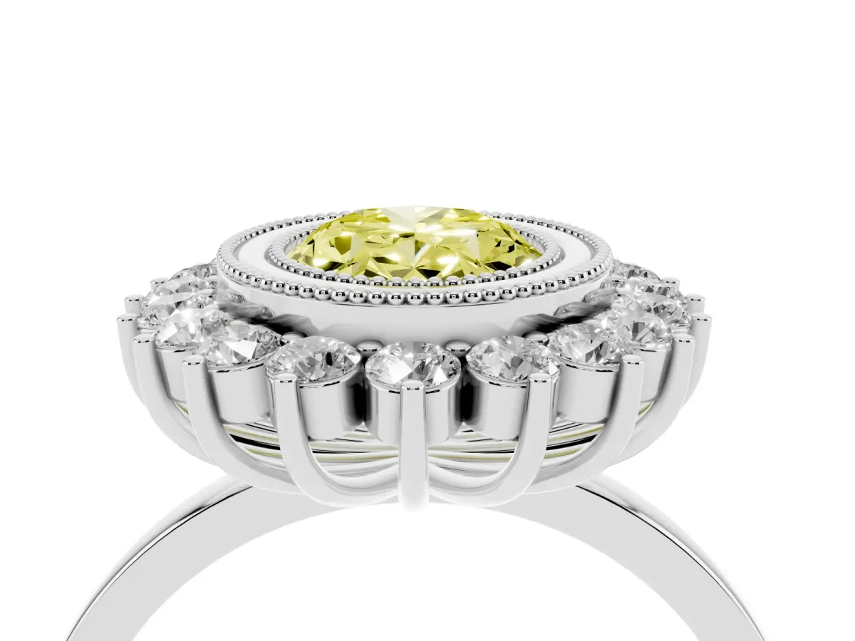 Fancy Yellow Oval Cut Halo Diamond Ring with Milgrain Edge and Round Prong Setting Silver