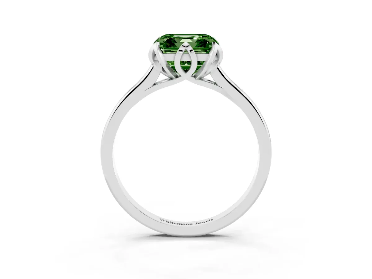 Fancy Green Asscher Cut Diamond Solitaire Ring with Flower Prong Setting and Classic Band Silver