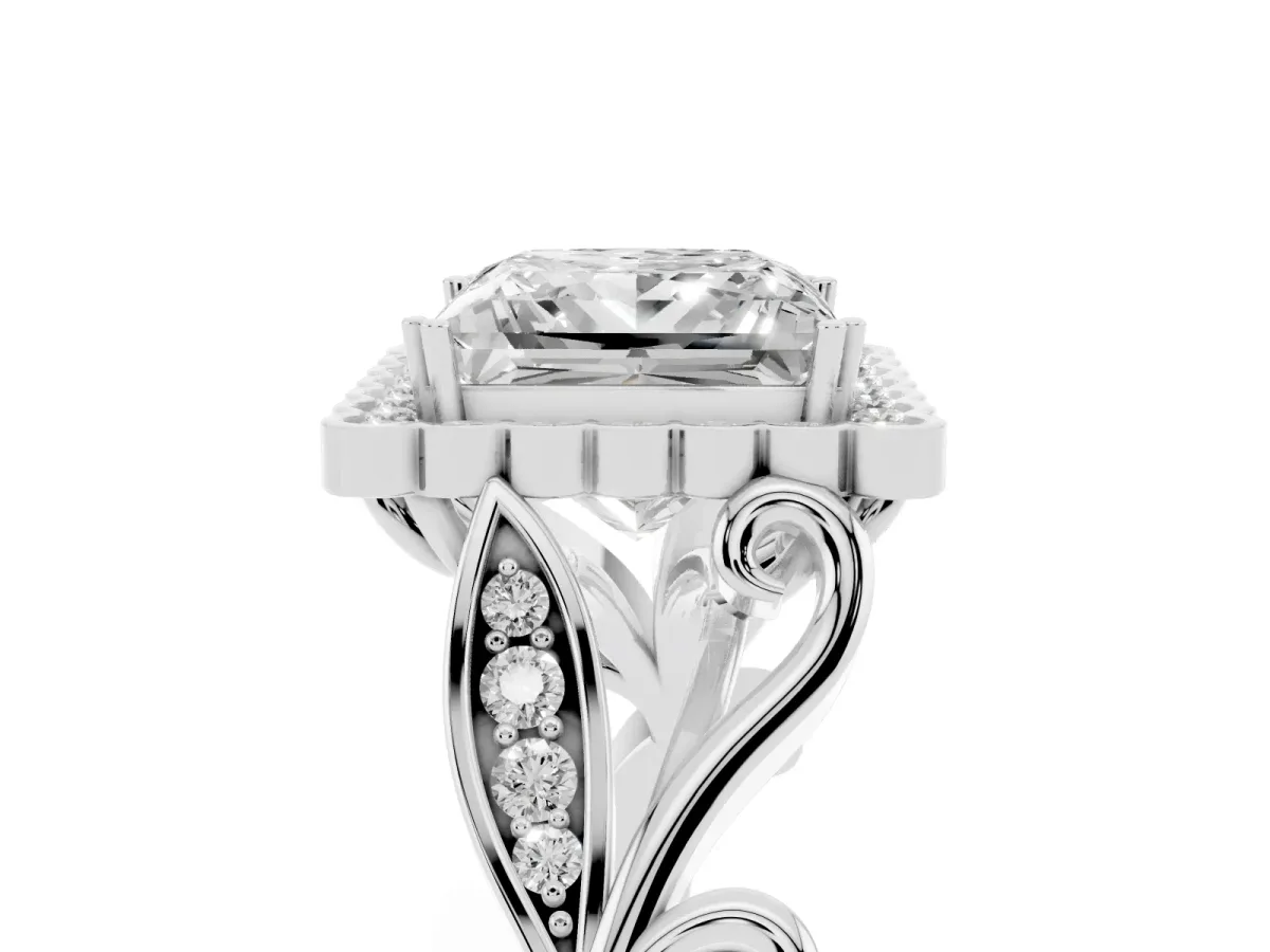 Princess Cut Diamond Halo Ring with Vintage Split Shank and Four-Prong Setting Silver