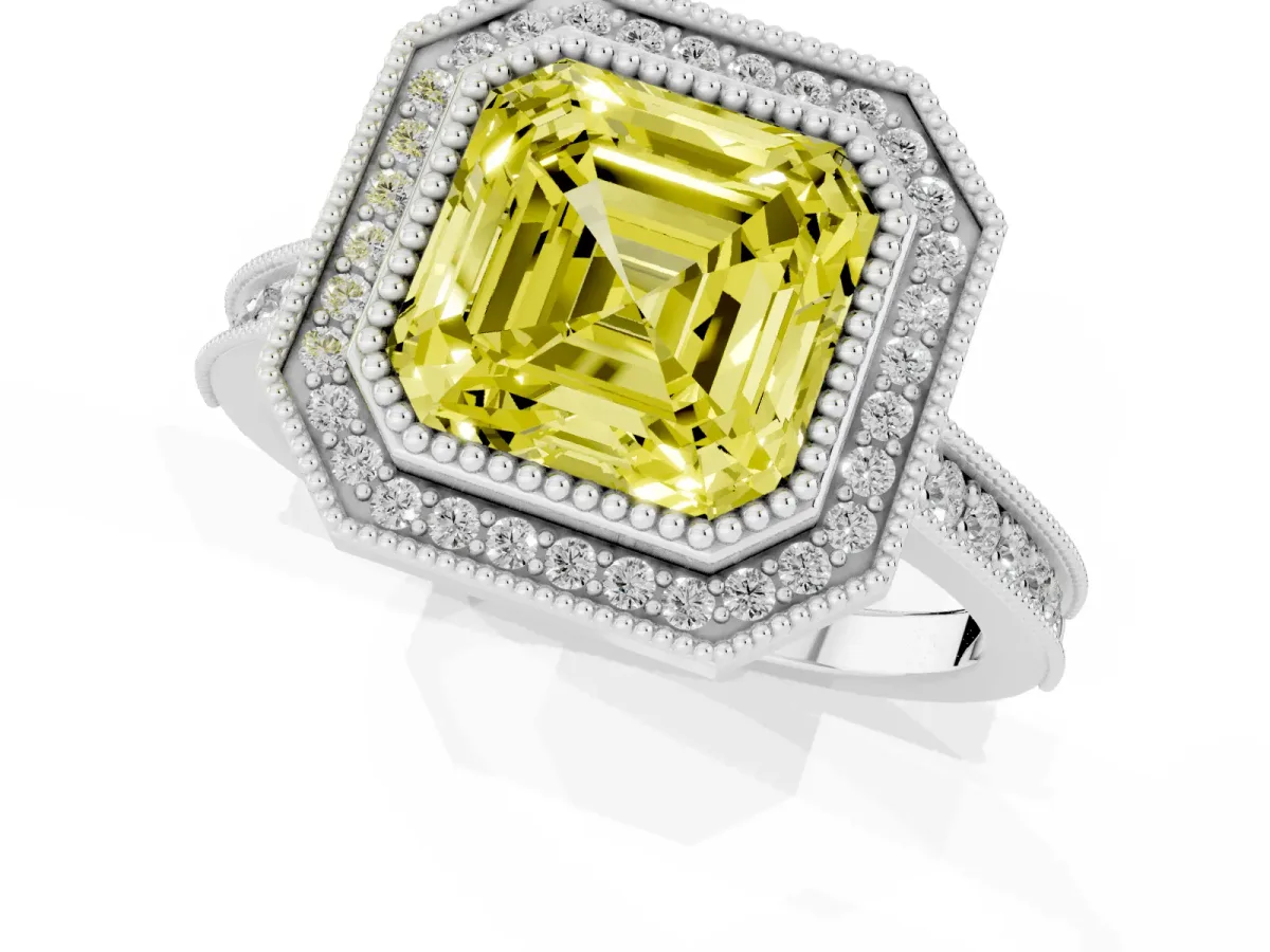 Fancy Yellow Halo Asscher Cut-Cut Diamond Pave Band Milgrain Prong Setting Ring Silver