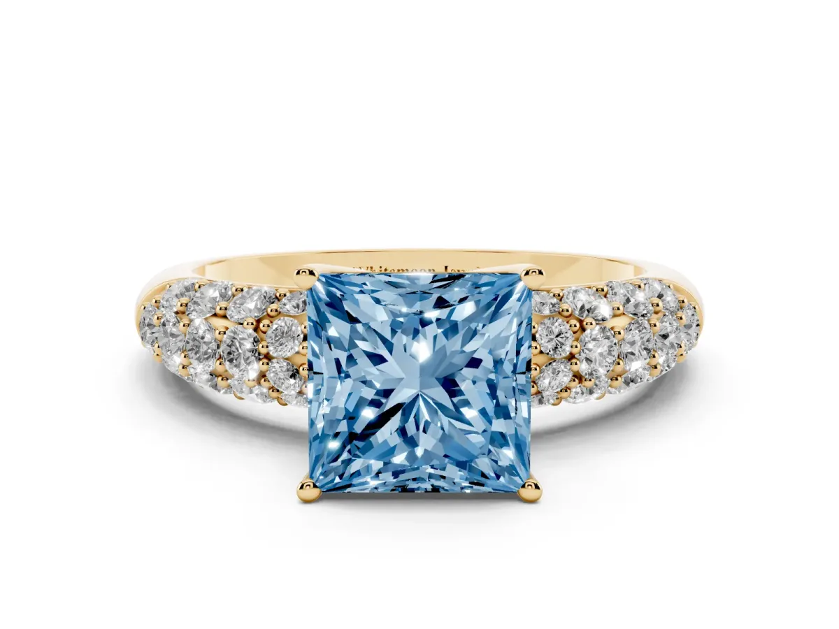 Fancy Blue Princess Cut Diamond Pavé Band Solitaire Ring with Four-Prong Setting Yellow gold