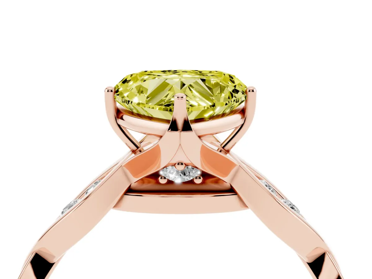 Fancy Yellow Heart Cut Solitaire Twist Band with Leaf Prong Setting Rose gold