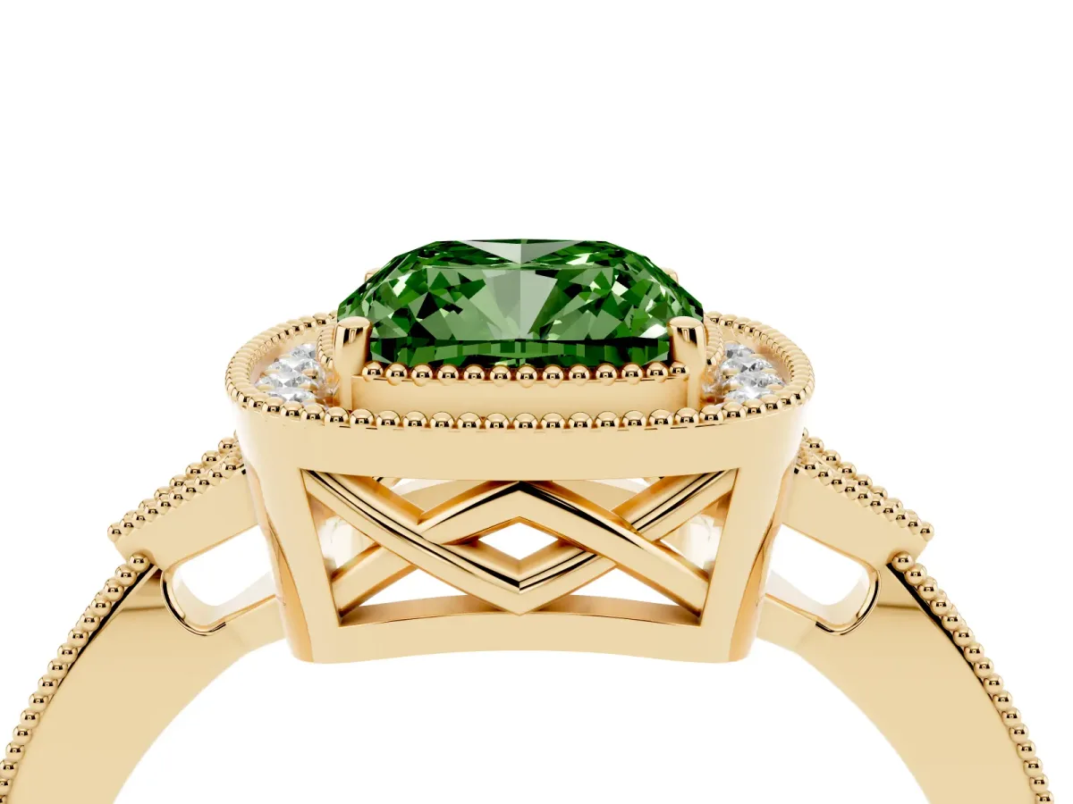 Fancy Green Cushion Cut Halo Round Diamond Milgrain Pave Engagement Ring Yellow gold