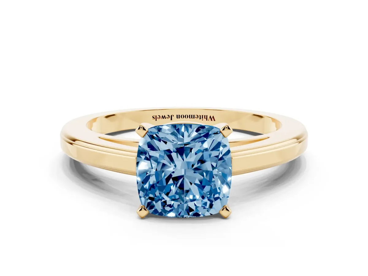 Fancy Blue Cushion Cut Solitaire Diamond Ring with Four-Prong Setting and Classic Band Yellow gold