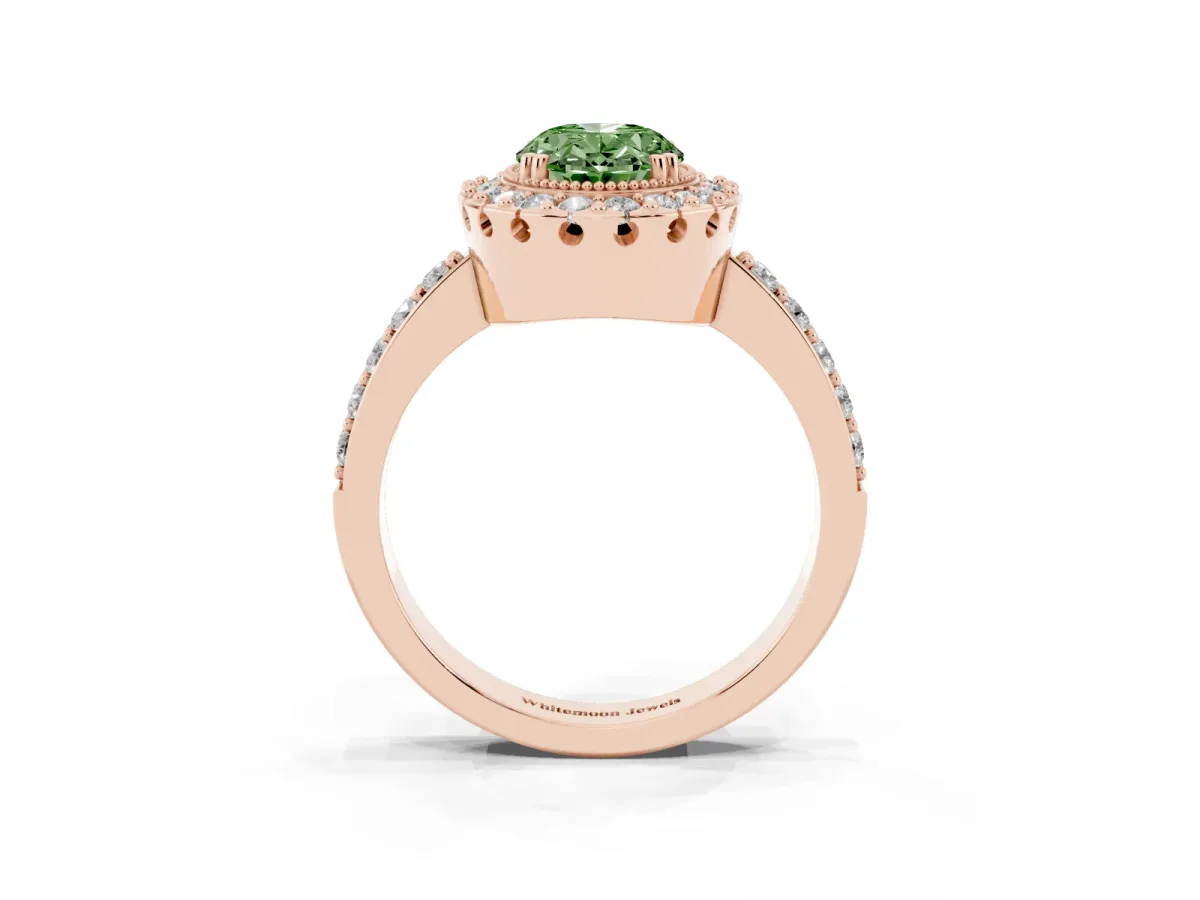 Fancy Green Oval Cut Diamond Halo Ring with Pavé Band and Prong Setting Rose gold