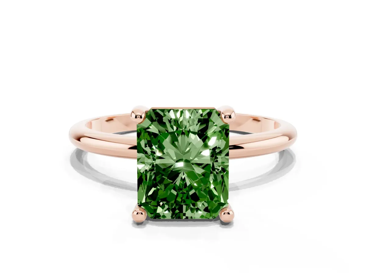 Fancy Green Radiant Cut Solitaire Diamond Ring with 4-Prong Setting on a Classic Band Rose gold