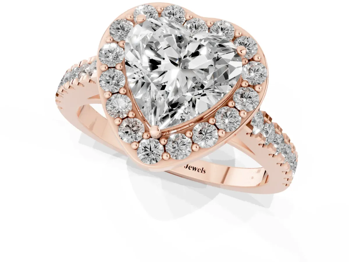 Heart Cut Diamond Halo Ring with Round Pavé Split Shank and Prong Setting Rose gold