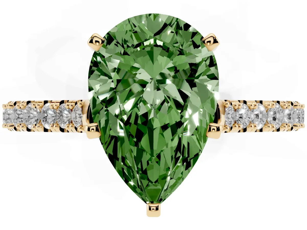Fancy Green Pear Cut Cut Solitaire Diamond Engagement Ring with Pave Band and Four-Prong Setting Yellow gold