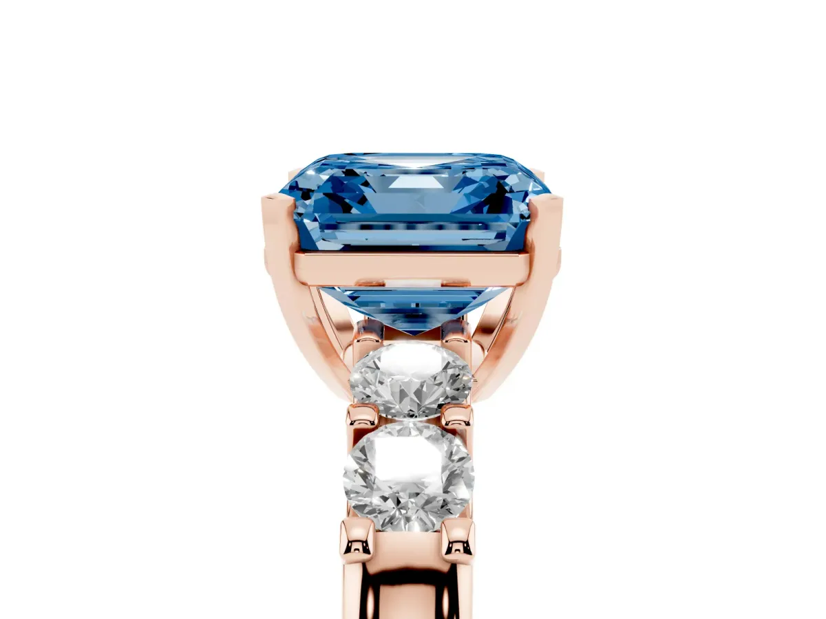 Fancy Blue Asscher Cut Brilliant Cut Diamond Five-Stone Prong Set Engagement Ring with Channel Band Rose gold