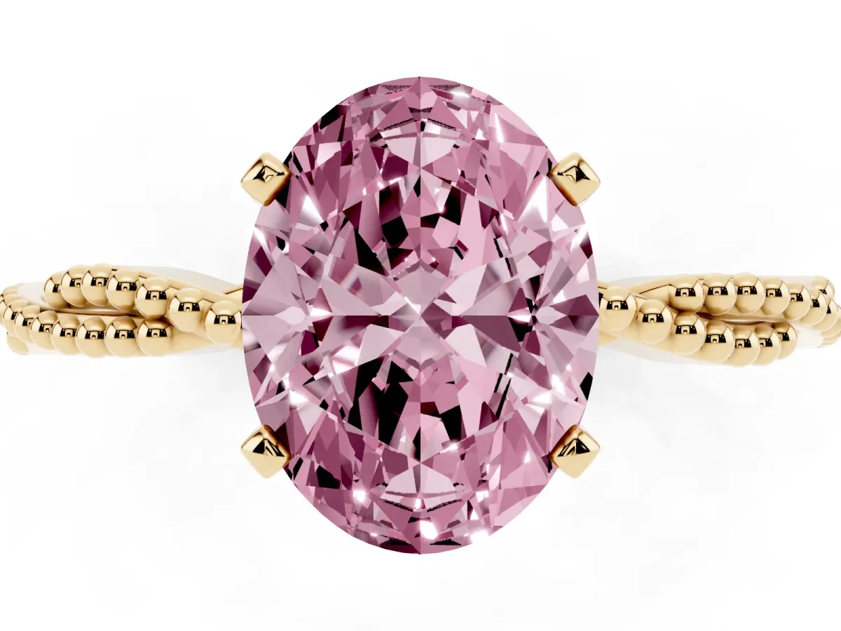 Fancy Pink Oval Cut Solitaire Twisted Band with Bead Prong Setting Yellow gold