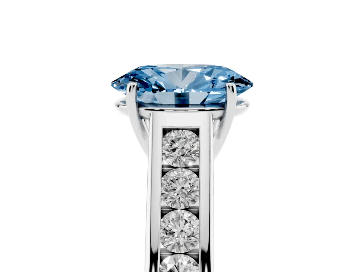 Fancy Blue Oval Cut Brilliant Channel-Set Solitaire Ring with Four-Prong Setting Silver