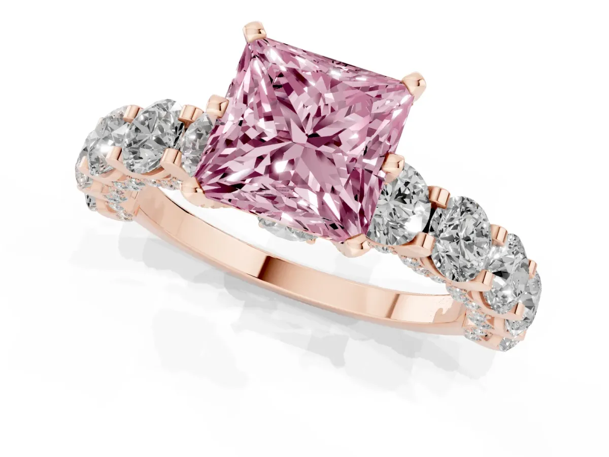 Fancy Pink Princess Cut Diamond Side Stone Engagement Ring with Four-Prong Setting Rose gold