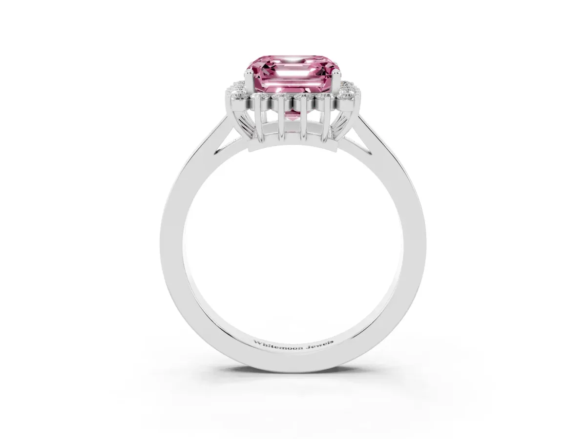 Fancy Pink Asscher Cut Cut Diamond Halo Ring with Round Brilliant Halo and Solitaire Band White gold