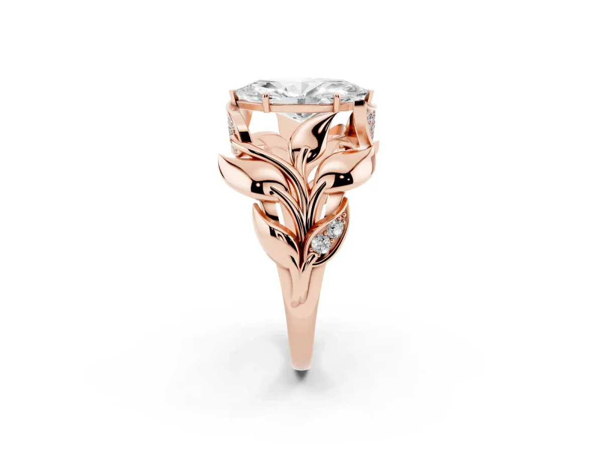 Marquise Cut Diamond Leaf-Inspired Engagement Ring with Round Accents and Prong Setting Rose gold