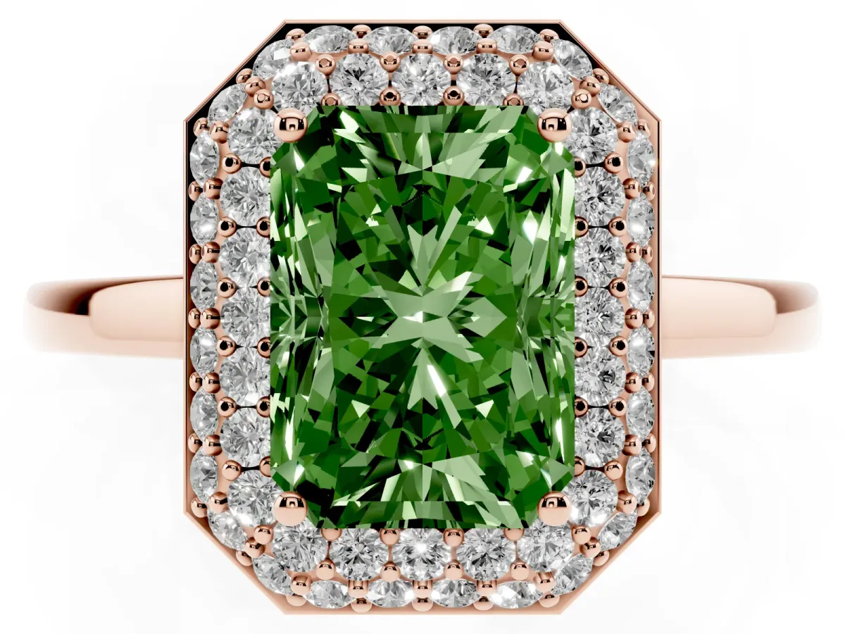 Fancy Green Radiant Cut Halo Diamond Engagement Ring with Solitaire Band and Four-Prong Setting Rose gold