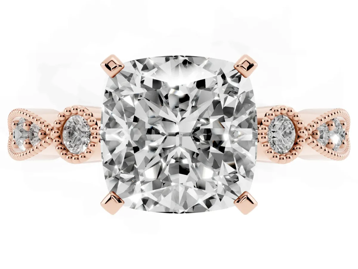 Cushion Cut Milgrain Bezel Diamond Engagement Ring with Solitaire Prong Setting Rose gold