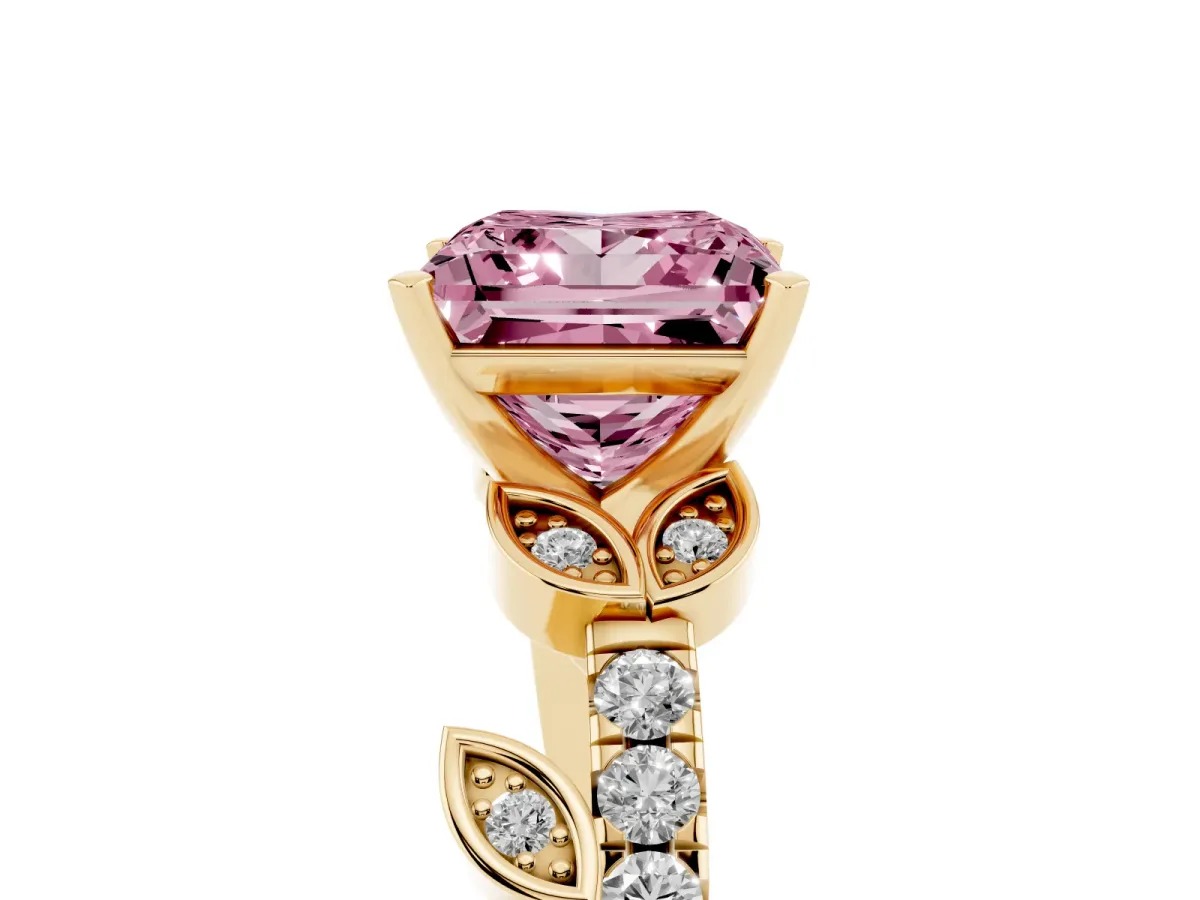 Fancy Pink Princess Cut Solitaire Leaf-Inspired Diamond Ring with Pavé Band and Four-Prong Setting Yellow gold