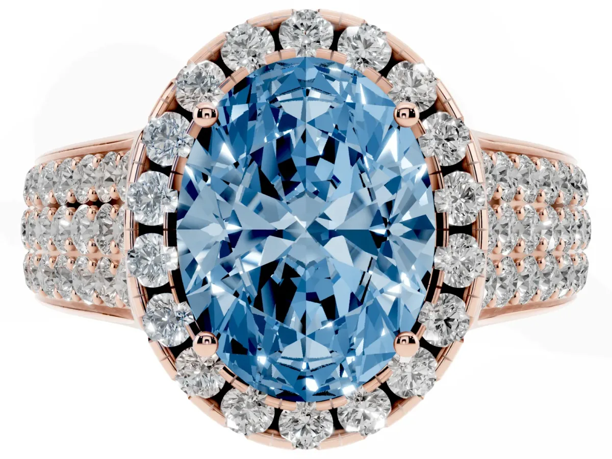 Fancy Blue Oval Cut Halo Round Diamond Pave Band with Prong Setting Rose gold