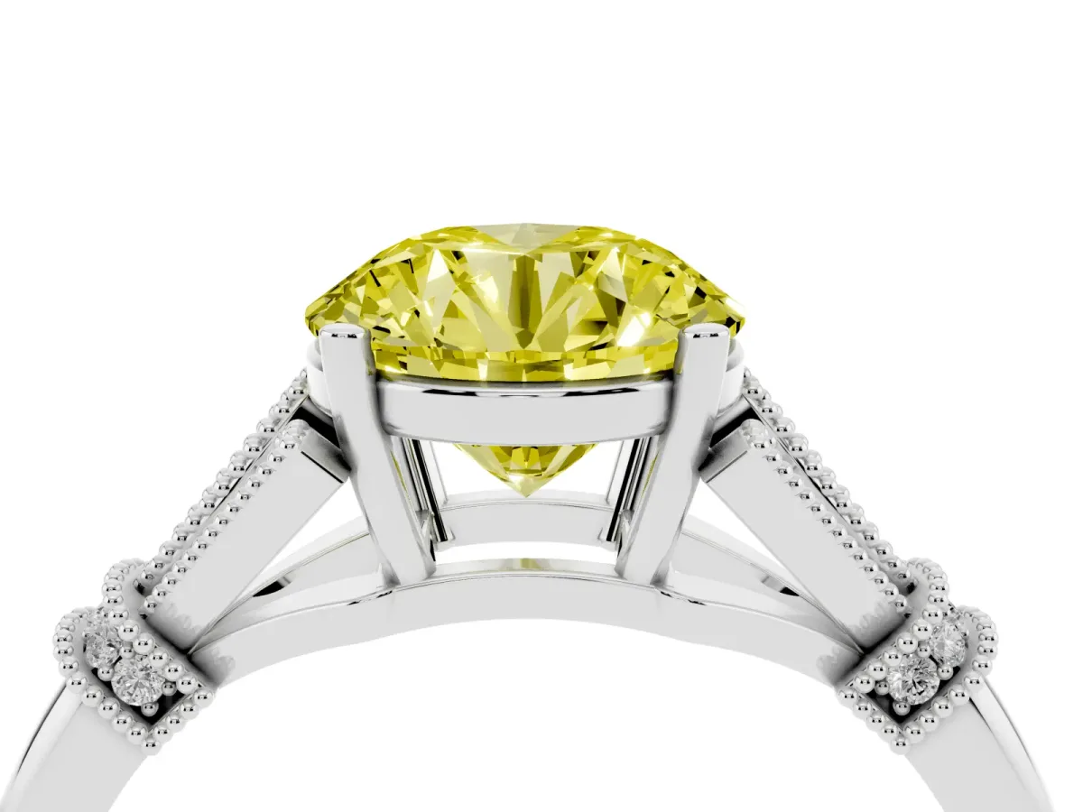 Fancy Yellow Round Cut Diamond Solitaire Ring with Floral Filigree and Pave Accents White gold