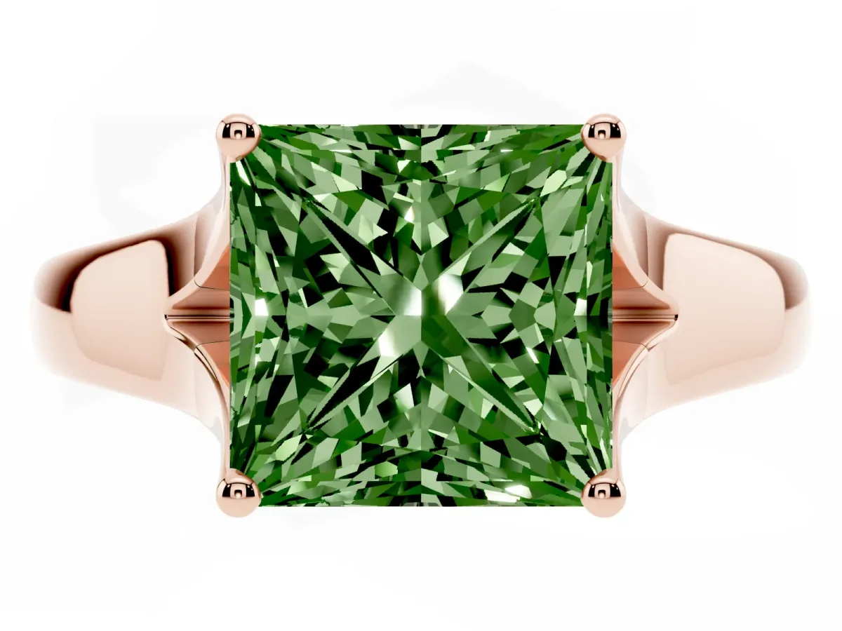 Fancy Green Princess Cut Solitaire Diamond Ring with Cathedral Band and Four-Prong Setting Rose gold