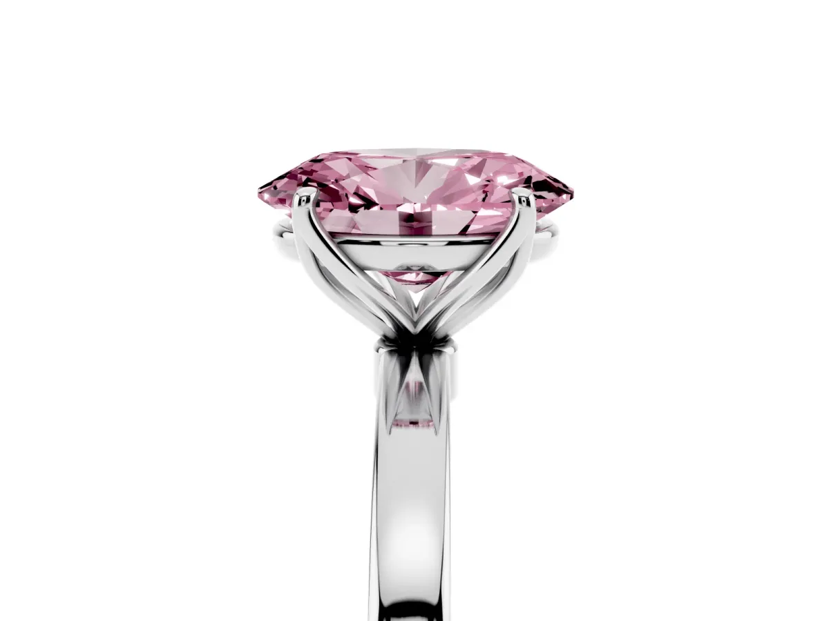 Fancy Pink Oval Cut Diamond Solitaire Ring with Thin Band and Prong Setting Silver