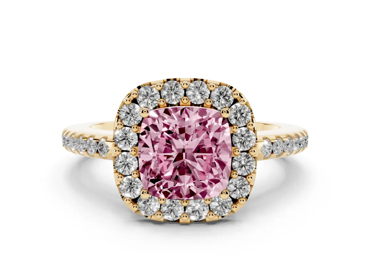 Fancy Pink Cushion Cut Diamond Pavé Halo Ring with Four-Prong Setting Yellow gold