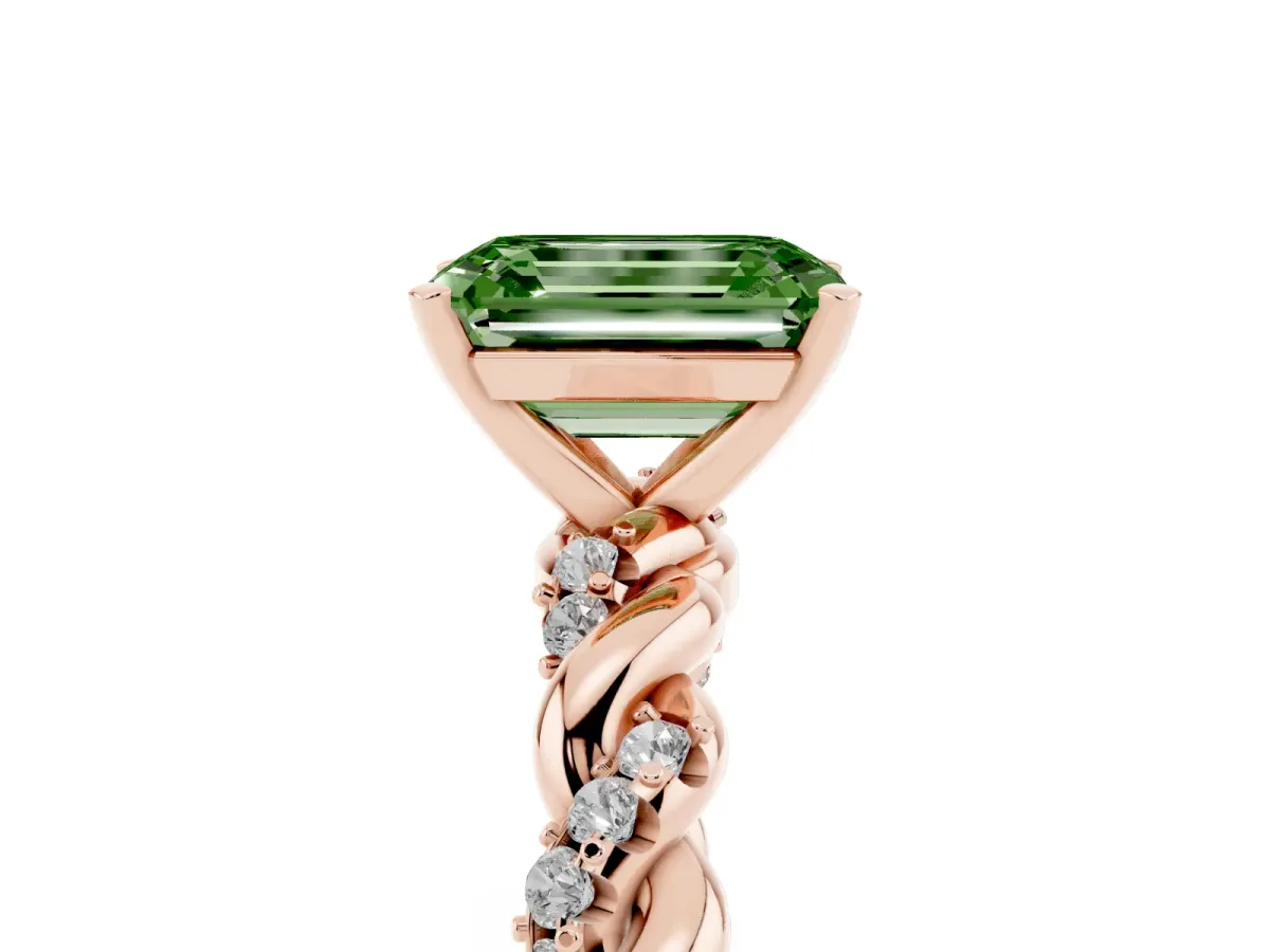 Fancy Green Emerald Cut Diamond Solitaire Ring with Twisted Band and Pavé Accents Rose gold