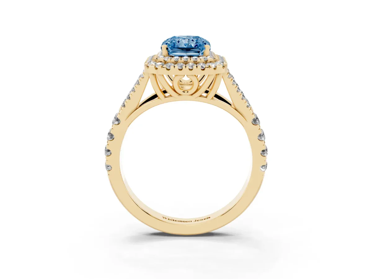 Fancy Blue Radiant Cut Cut Double Halo Split Shank Diamond Ring with Prong Setting Yellow gold