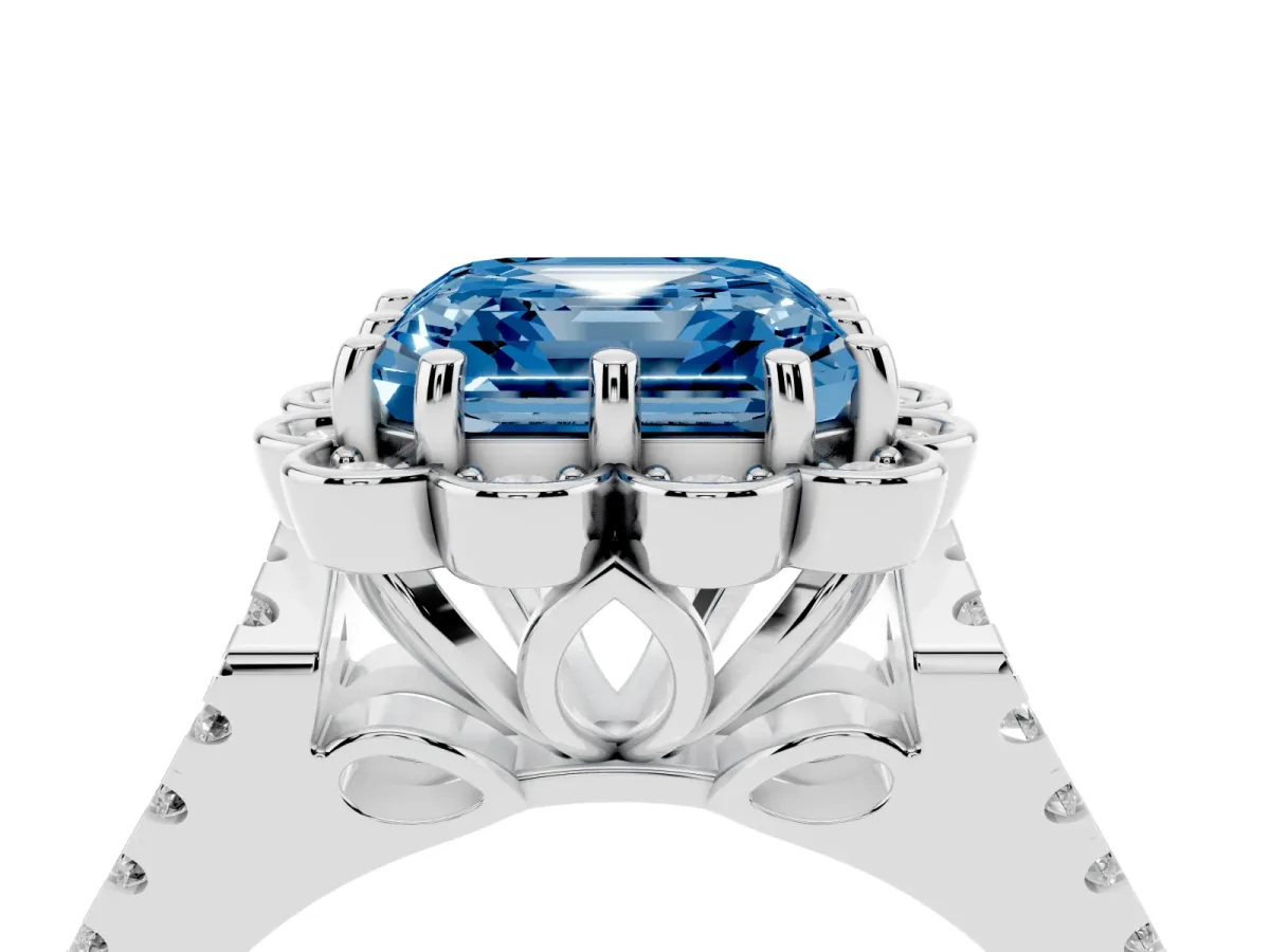 Fancy Blue Asscher Cut Halo Diamond Floral Split Shank Engagement Ring Platinum