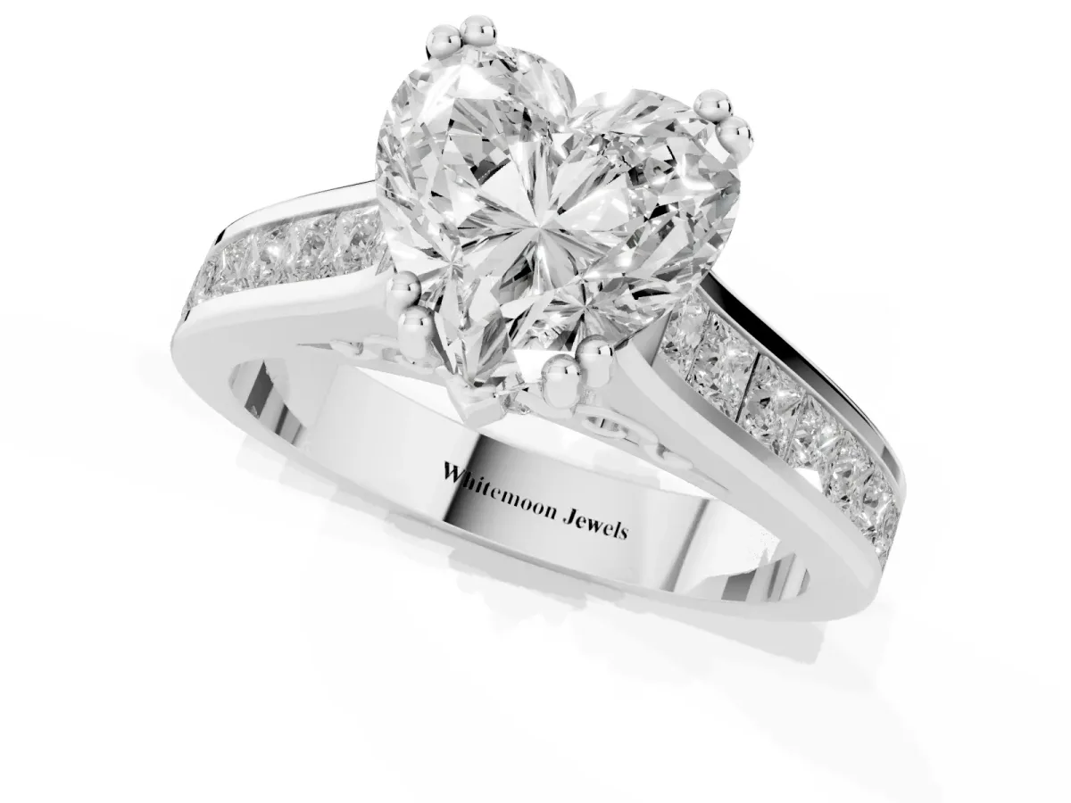 Heart Cut Cut Channel Set Solitaire Engagement Ring with Prong Setting Silver