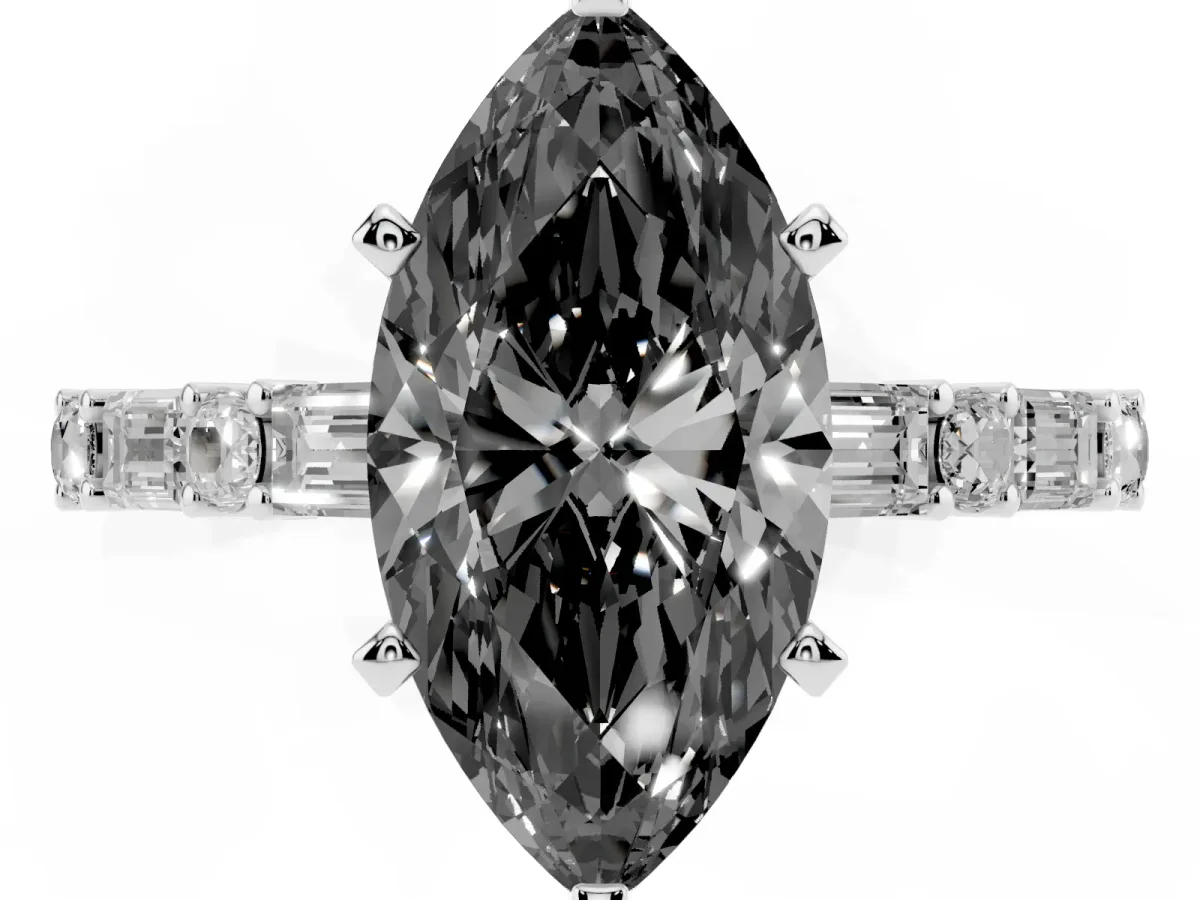 Fancy Black Marquise Cut Diamond Solitaire with Side Baguettes and Channel Set Band Silver